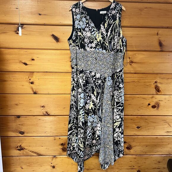 CALVIN KLEIN Black Colorful Floral Crepe V-Neck Belted Maxi Dress sz 16W $149.50 - Picture 1 of 6